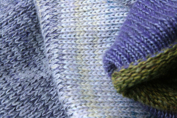 Pansies Liene Sweater Coat purple knitting detail closeup of Ineses unique way of blending colors in her knits.