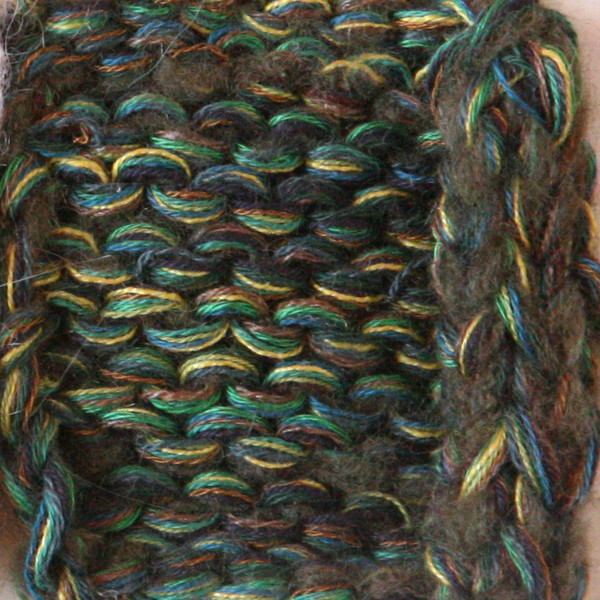 Green Oak marled shawl wrap mohair cotton chunky knit Wrapture by Inese Iris Liepina closeup detail of knitting