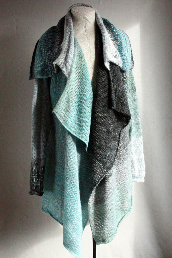 Glacier Blue Annie long cardigan wrap sweater coat on dress form, front view knit in blue charcoal grey black teal silver by Wrapture by Inese