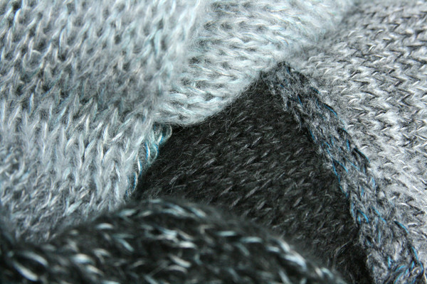 Glacier Blue Annie long cardigan wrap sweater coat closeup detail of knitting with blue charcoal grey black teal silver Wrapture by Inese