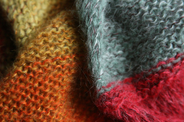 Maple Leaves kid mohair silk knit loop scarf Wrapture by Inese Iris Liepina red grey orange gold