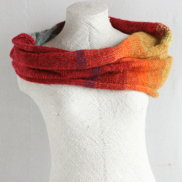 Maple Leaves kid mohair silk knit loop scarf Wrapture by Inese Iris Liepina red grey orange gold