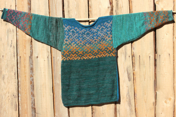 Blue Green Latvian symbols sweater hung flat on side of woodshed size XL