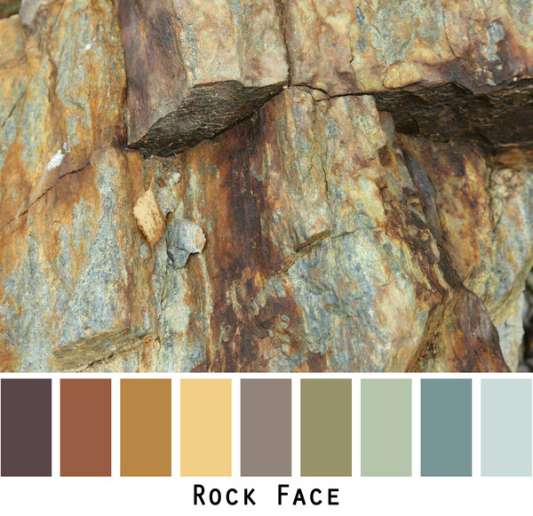 Rock Face - rust ochre gold brown teal grey- photo by Inese Iris Liepina in a color card for custom ordering from Wrapture by Inese