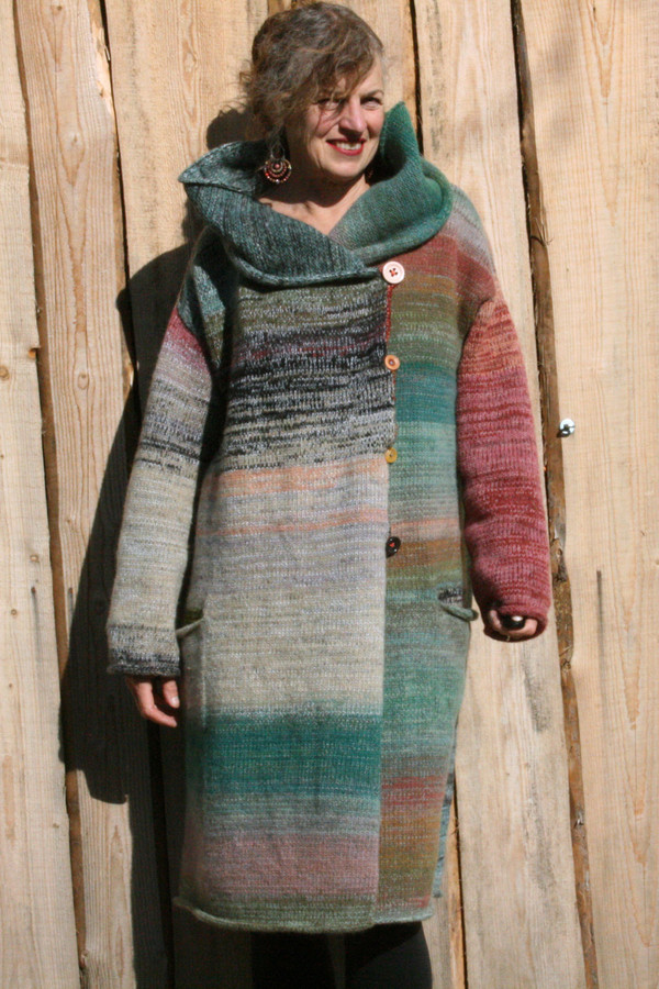 cowl collar option on one of a kind felted wool coat knit by Wrapture by Inese shown as worn by Inese Iris Liepina