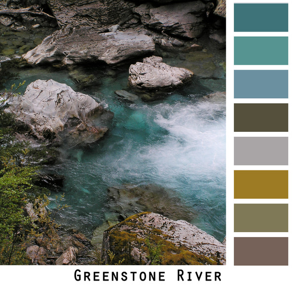 The intense blue waters of the Greenstone River rapids with grey rocks taken during a trek in New Zealand made into a color card for custom ordering knit sweaters. Photo by Inese Iris Liepina Colors include teal blue, tobacco, dark brown, grey.