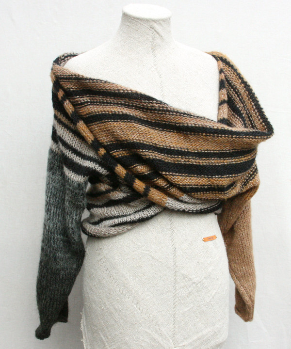 front view of Leopard inspired striped x-tee with draped x worn by mannikin knit by Wrapture by Inese