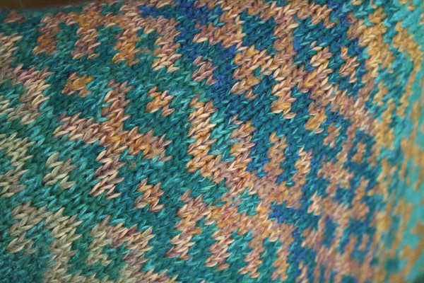 Turquoise blue Latvian symbols sweater size L detail of pattern knitting 