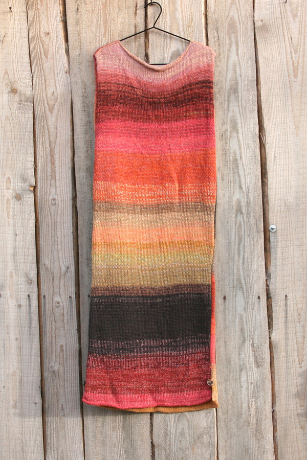 size L Rose Hips inspired random ombre stripe calf length tank dress on hanger hung on side of woodshed knit by Wrapture by Inese