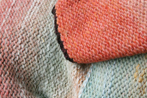 crochet sleeve cuff detail in closeup of unique ombre knitting with in scalloped hem sweater dress knit by Wrapture by Inese inspired by Sunlight color story