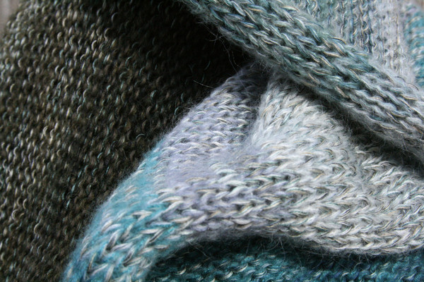 Fjord Edge shawl wrap closeup of knitting detail with ombre color changes knit by Wrapture by Inese