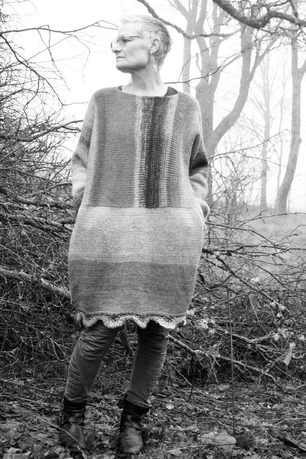 black and white photo of Oversized chunky knit sweater dress OS one of a kind wool kid mohair cotton silk hand crochet edge, Wrapture by Inese on model who is a size S with ancient oak branches in background