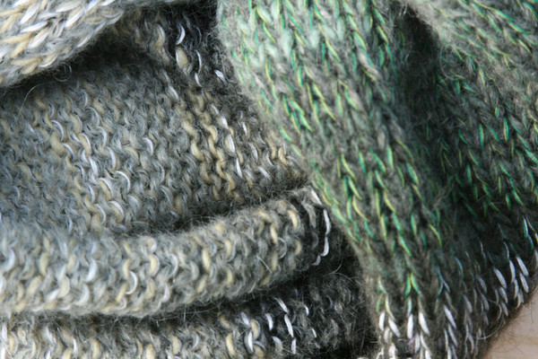 Forest Greens color way closeup of knitting detail of snood cowl knit by Wrapture by Inese