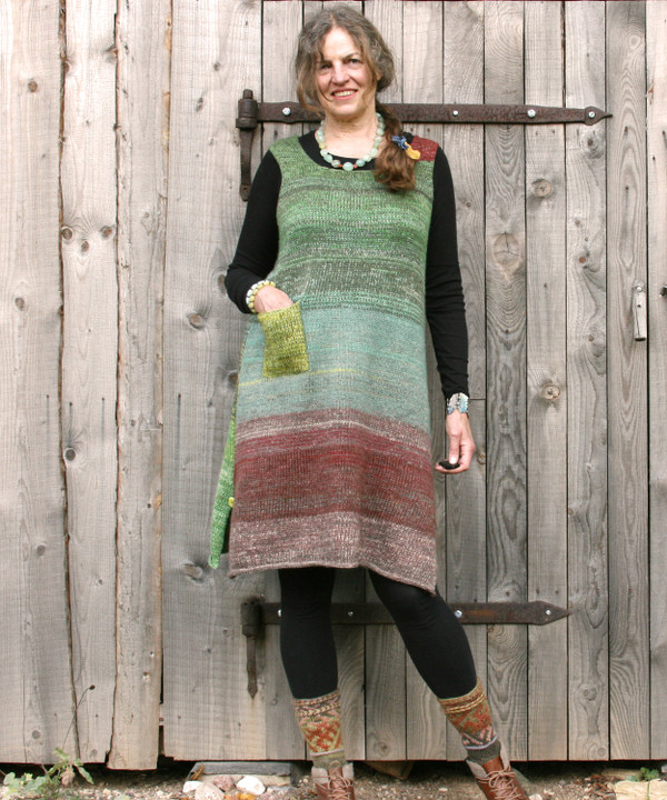 Willow A-line sarafon dress as modeled by Inese Iris Liepina who knit it for Wrapture