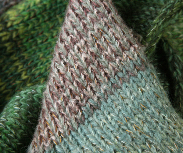 closeup detail of unique ombre knitting of A-line sarafon dress knit by Wrapture by Inese inspired by Willow color story
