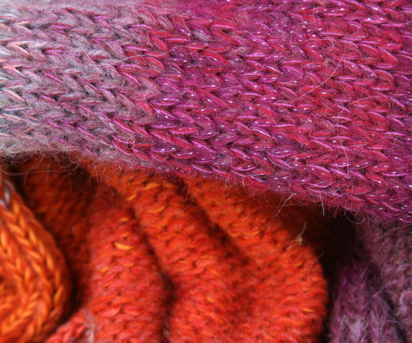 gerberas color way closeup of knitting detail of snood cowl knit by Wrapture by Inese