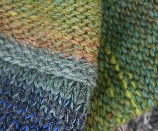 Pond Leaves color way closeup of knitting detail of snood cowl knit by Wrapture by Inese