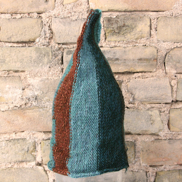 Teal striped pixie gnome hat knit with wool, kid mohair, silk, cotton, prewashed, knit by Wrapture by Inese