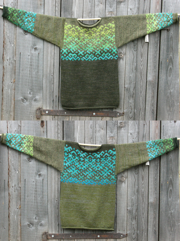 Forest Stream Latvian symbols sweater flat on side of woodshed size L showing both sides of the same sweater in a double photograph