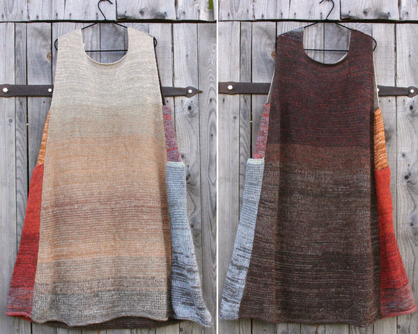 Rusty leaves one of a kind trapeze dress knit by Wrapture by Inese double photograph to show both sides