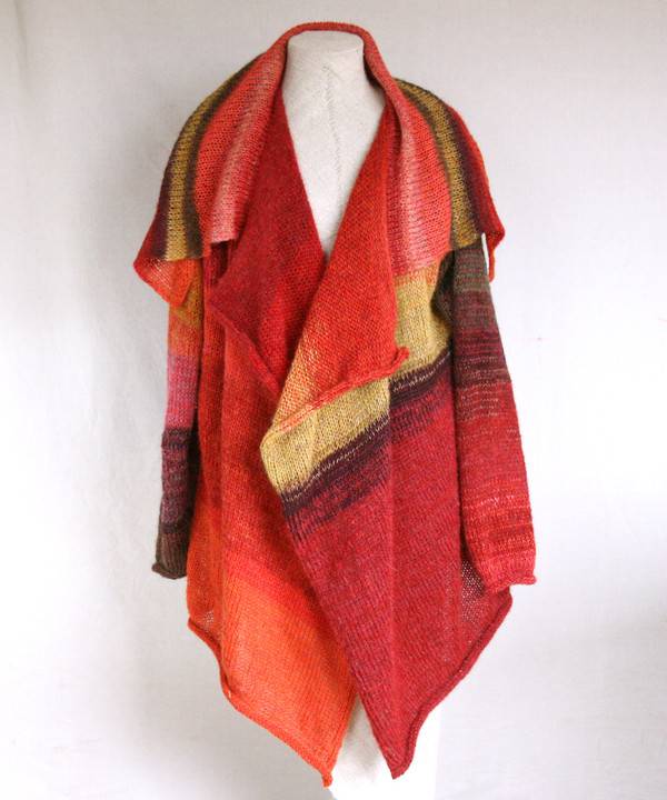 Annie cardigan inspired by red rose leaves photograph. Unique red gold violet color blended kid mohair, cotton and silk threads. One of a kind and unique knit by Inese for Wrapture by Inese.