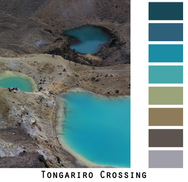 Tongariro Crossing - volcanic turquoise blue pools with brown grey rock formations, colors for blue eyes, green eyes, brown eyes, brunette, redhead, black hair - photo by Inese Iris Liepina, Wrapture by Inese
