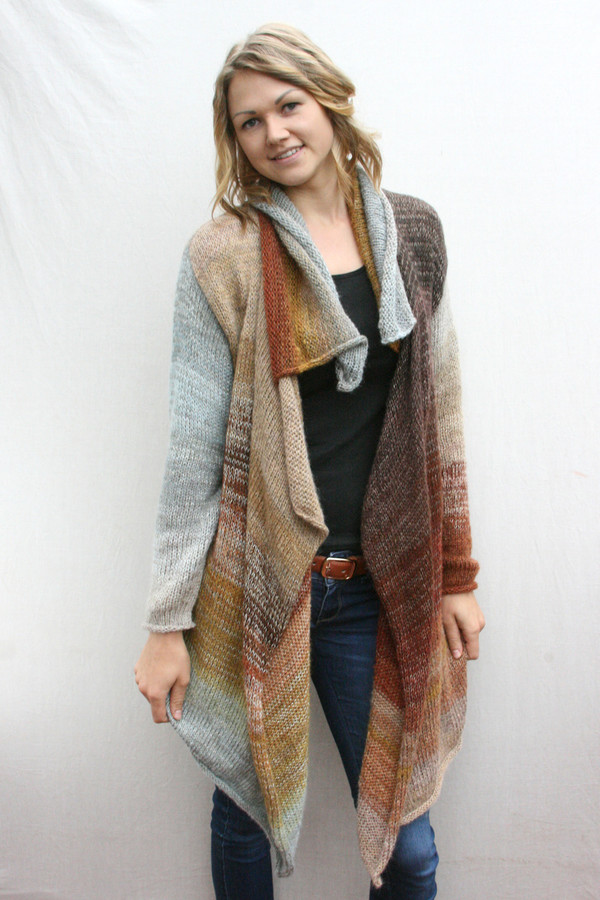 Winter Woods Annie, Cardigan coat long length knit Wrapture by Inese tan, brown, gray, taupe