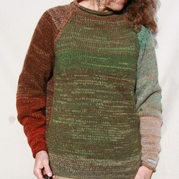Bark raglan pullover sweater size L Wrapture by Inese Iris Liepina,  brown tobacco seafoam lichen forest green hunter green grey rust chocolate, local Baltic wool, kid mohair, silk, cotton, knitted unique one of a kind