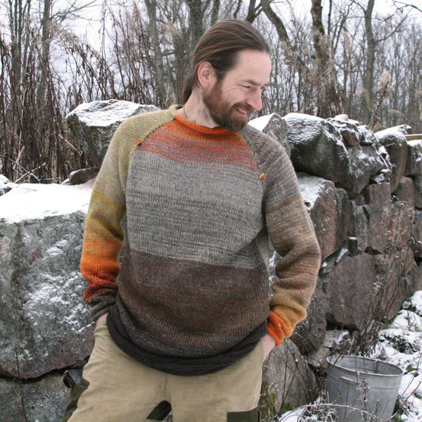 Bearded Rocks brown grey orange Raglan pullover size L worn by bearded man - one of a kind knitwear Wrapture by Inese 