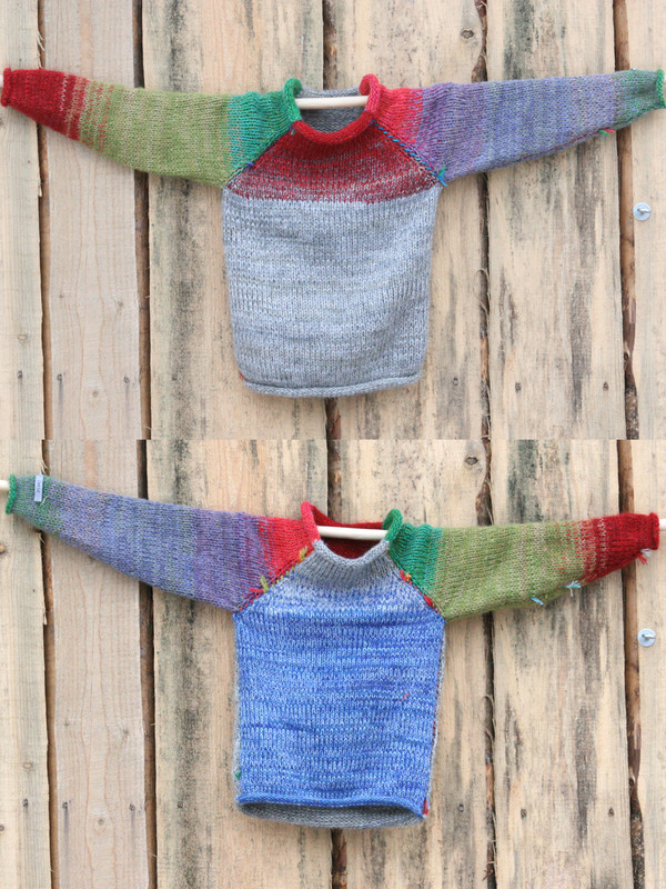 Yak and Pony grey red green blue reversible unisex raglan pullover showing both sides in a double photograph where the sweater is hung on a wood shed, designed and knit by Wrapture by Inese