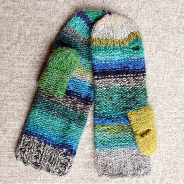 New Zealand hand knit Smart Phone Mittens mens teal blue green grey stripes thumbhole finger hole left handed or right handed hand knit Wrapture by Inese