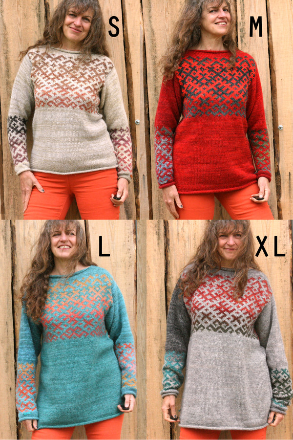 Latvian symbols sweater shown with Inese wearing a series of sizes, S, M, L, and XL. I am a very tall M, so here you can see the fit change Wrapture by Inese