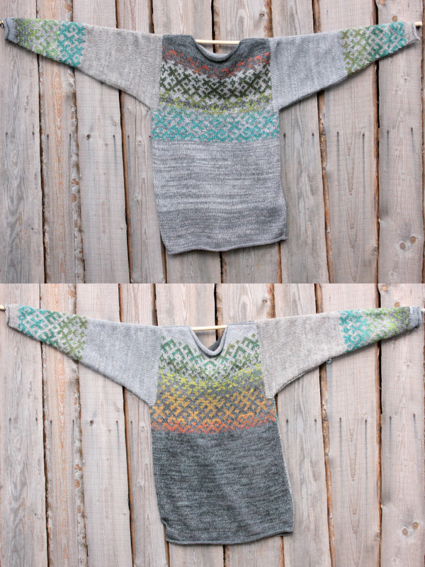 view of both sides of reversible heather Grey Forest Latvian symbols sweater size L Wrapture by Inese