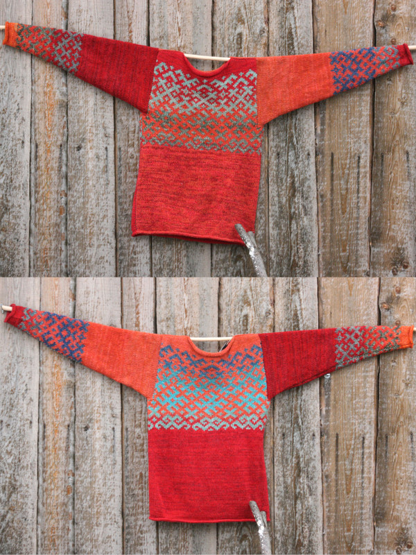 Red Orange reversible unisex Latvian symbols sweater size M both sides shown hung flat on a woodshed, knit with wool, kid mohair, silk, cotton by Wrapture by Inese