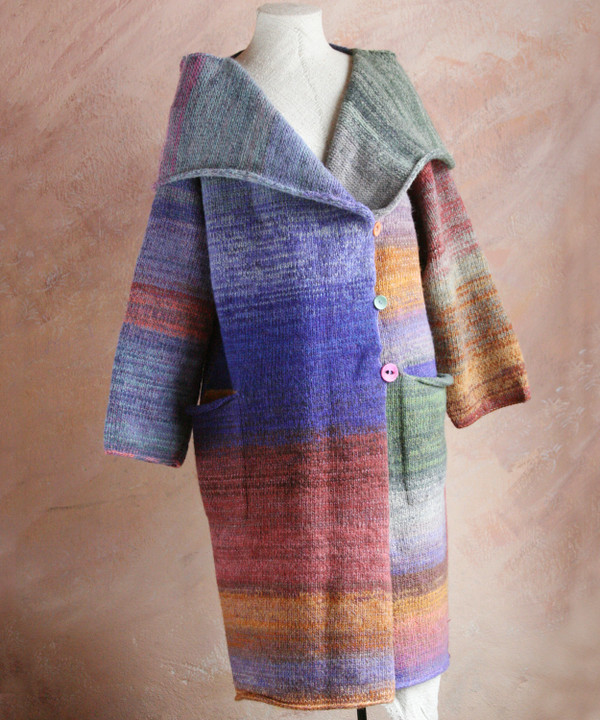 One of a kind felted wool coat knit by Inese with colors inspired by my Plum tree. Size S , shown on dress form with shawl collar and pocket details.