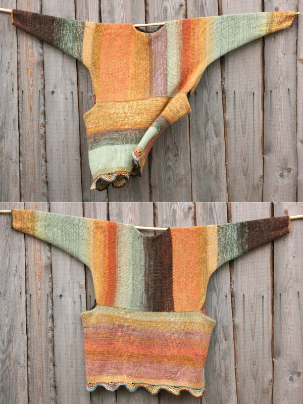 both sides shown in diptych Ancient Woods inspired scalloped hem sweater reversible dress hung on wood pole on side of woodshed, purl side out, knit by Wrapture by Inese