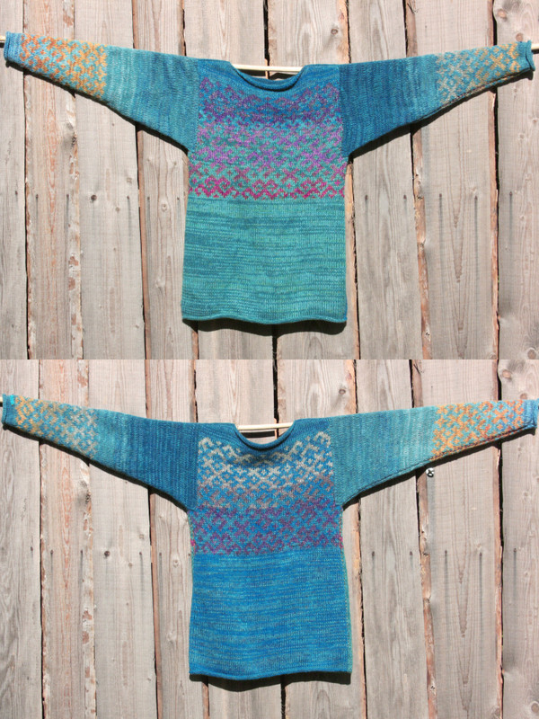 view of both sides of reversible unisex Agate Latvian symbols sweater size M on woodshed wall, knit by Wrapture by Inese