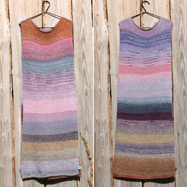 both sides in double photograph of size L Plum inspired random ombre stripe calf length tank dress on hanger hung on side of woodshed knit by Wrapture by Inese