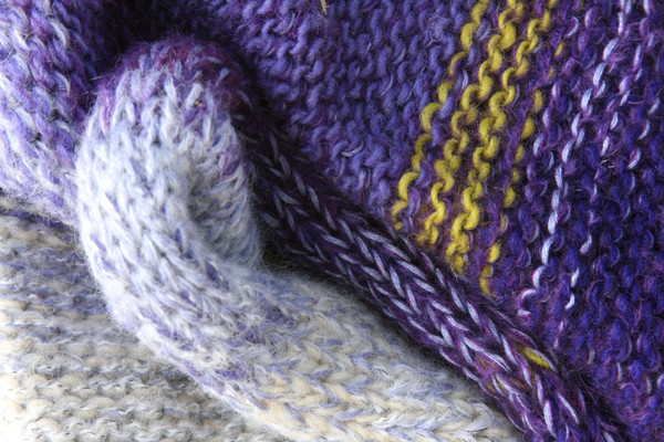 Violet Ice color way closeup of knitting detail of snood cowl knit by Wrapture by Inese