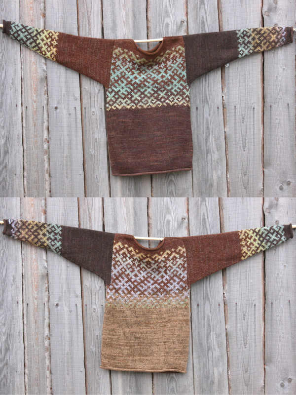 view of both sides of reversible unisex Chocolate Brown inspired Latvian symbols sweater size M hung on woodshed wall, knit by Inese Iris Liepina