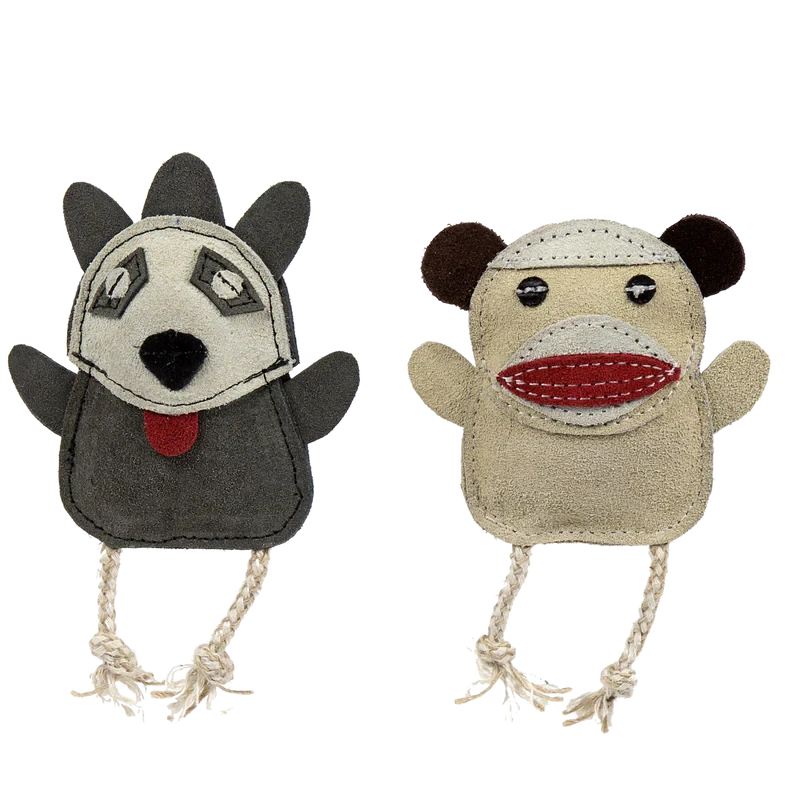 Hugglehound Natural Leather Wee Buddies Sock Monkey & Raccoon Dog Toys
