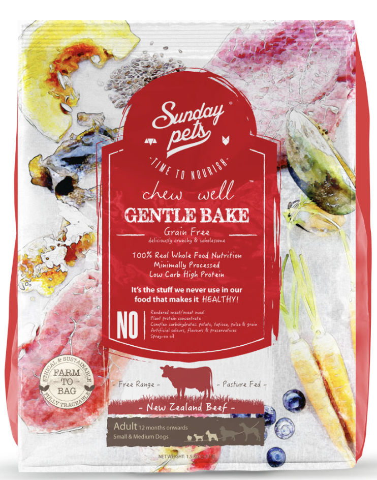 Sunday Pets Gently Baked GF Beef Dog Food 1.3KG - Bark, Bath