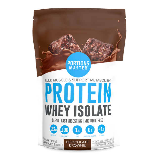 Portions Master Non-GMO Cross-Flow Microfiltration Whey Protein Isolate, Sweetened with Stevia | 2 lb. | Chocolate Brownie Front