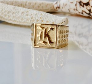 14KT 3D Personalized Initial 15MM Tapered Signet Ring  | Price Varies Based on Size