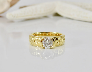 18KT Yellow Gold Hawaiian Heirloom, Bezel Set 1.02CT Diamond Engagement Ring