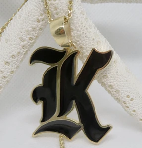14KT 1.5" Old English Cutout Personalized Initial Pendant with Enamel