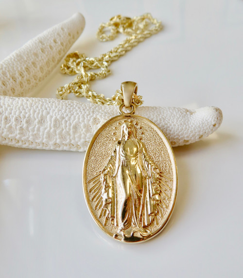 14KT Oval-Shaped Miraculous Mary Pendant