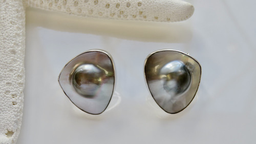 14KT White Gold Mabe Pearl Omega Clip Earrings