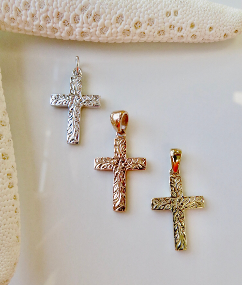 14KT Hand-Engraved Maile Lei Cross Pendant