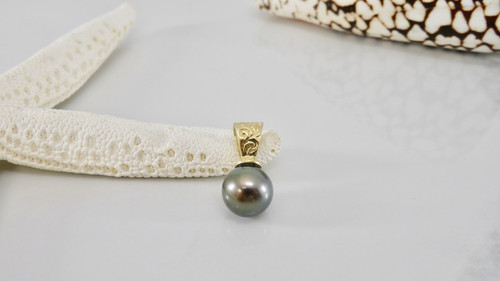 14KT Black Tahitian Pearl Pendant with Scrolling Motif Bail